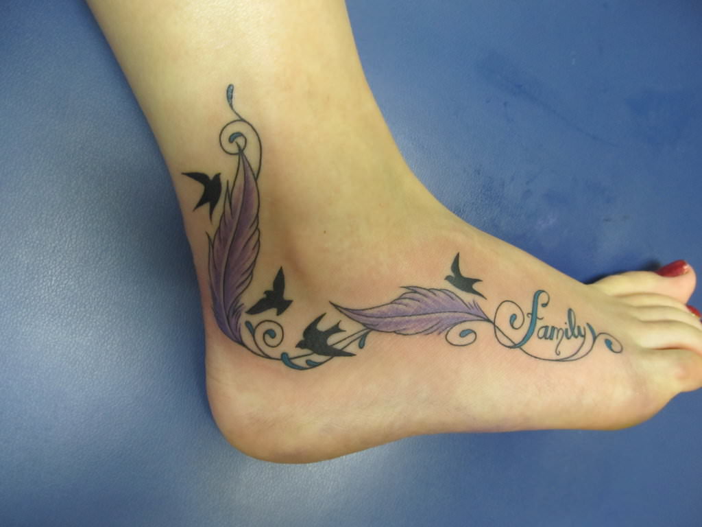 Family-Birds-And-Feather-Tattoo-On-Girl-Ankle