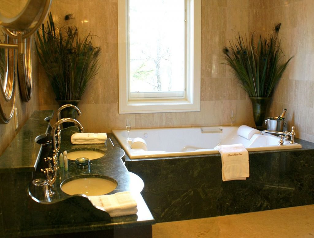 Nice-Window-between-Good-Bathroom-Plants-on-Edge-Contemporary-Bathtub-and-Tiny-Faucet-plus-Dark-Vanity-Color-had-Twin-Sink-near-Round-Mirror-on-Wall