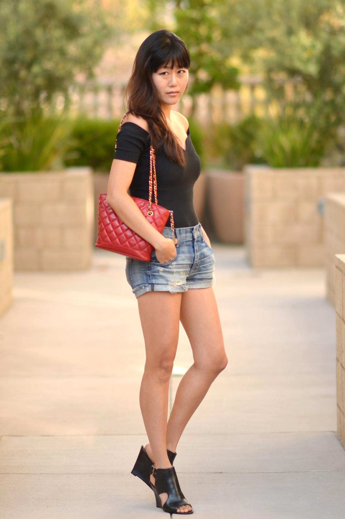 black-express-off-shoulder-top-leotard-wildfox-shorts-chanel-red-bag-ann-taylor-sandals