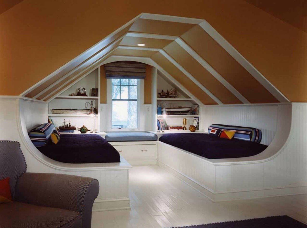 built-in-attic-furniture-two-twin-beds-window-seat-orange-tan-wall