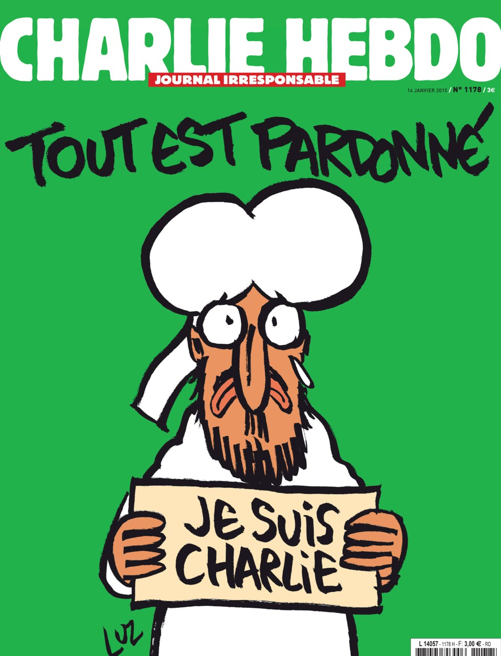A handout document released on January 12, 2015 in Paris by French newspaper Charlie Hebdo shows the frontpage of the upcoming "survivors" edition of the French satirical weekly with a cartoon of the Prophet Mohammed holding up a "Je suis Charlie" ('I am Charlie') sign under the words: "Tout est pardonne" ('All is forgiven'). The frontpage was released to media ahead of the newspaper's publication on January 14, 2015, its first issue since an attack on the weekly's Paris offices last week left 12 people dead, including several cartoonists. It also shows Mohammed with a tear in his eye. AFP PHOTO / HO /CHARLIE HEBDO = RESTRICTED TO EDITORIAL USE -- MANDATORY CREDIT "AFP PHOTO / HO/CHARLIE HEBDO- NO MARKETING - NO ADVERTISING CAMPAIGNS -- DISTRIBUTED AS A SERVICE TO CLIENTSHO/AFP/Getty Images