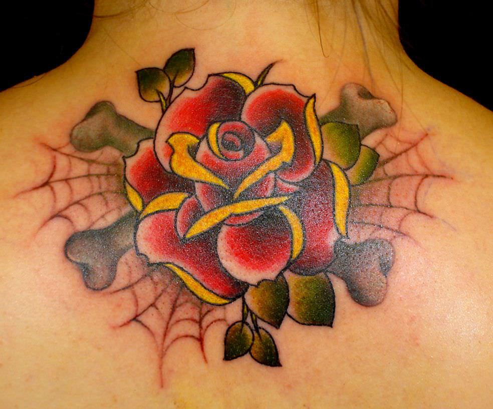 Bones-And-Rose-Flower-Tattoo-On-Upper-Back