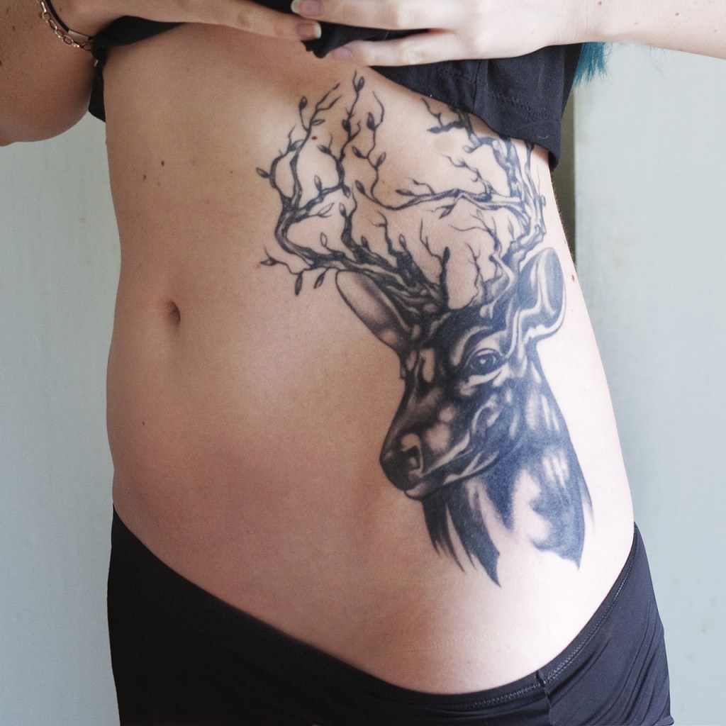 Black-and-Grey-Deer-Antler-Tattoo-On-Side-Rib
