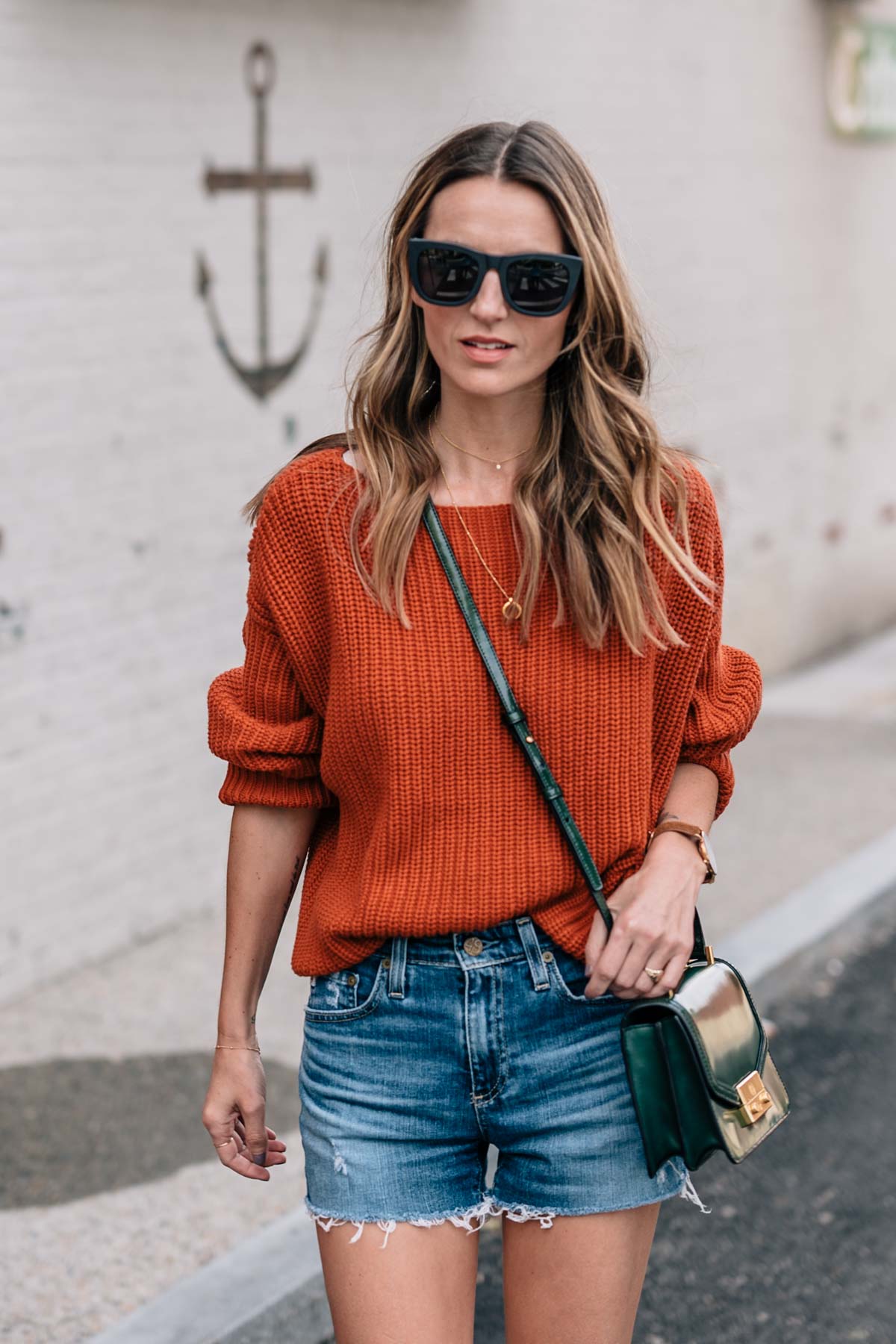 Jess-Ann-Kirby-pantone-autumn-maple-sweater-ag-jean-shorts-tory-burch-juliette-mini-satchel