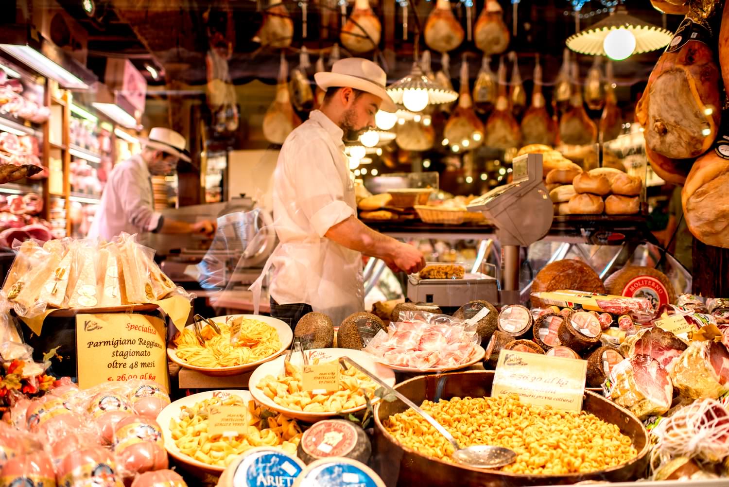 Bologna, Italy - May 24, 2016: Food store showcase full of food in Bologna city in Italy