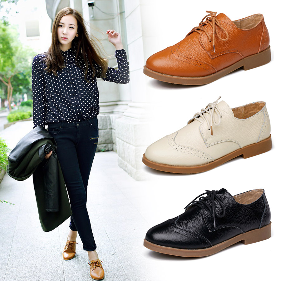 BEIGE-BLACK-New-2015-Cowhide-Casual-Flat-Shoes-Genuine-Leather-Oxford-Shoes-For-Women-Fashion
