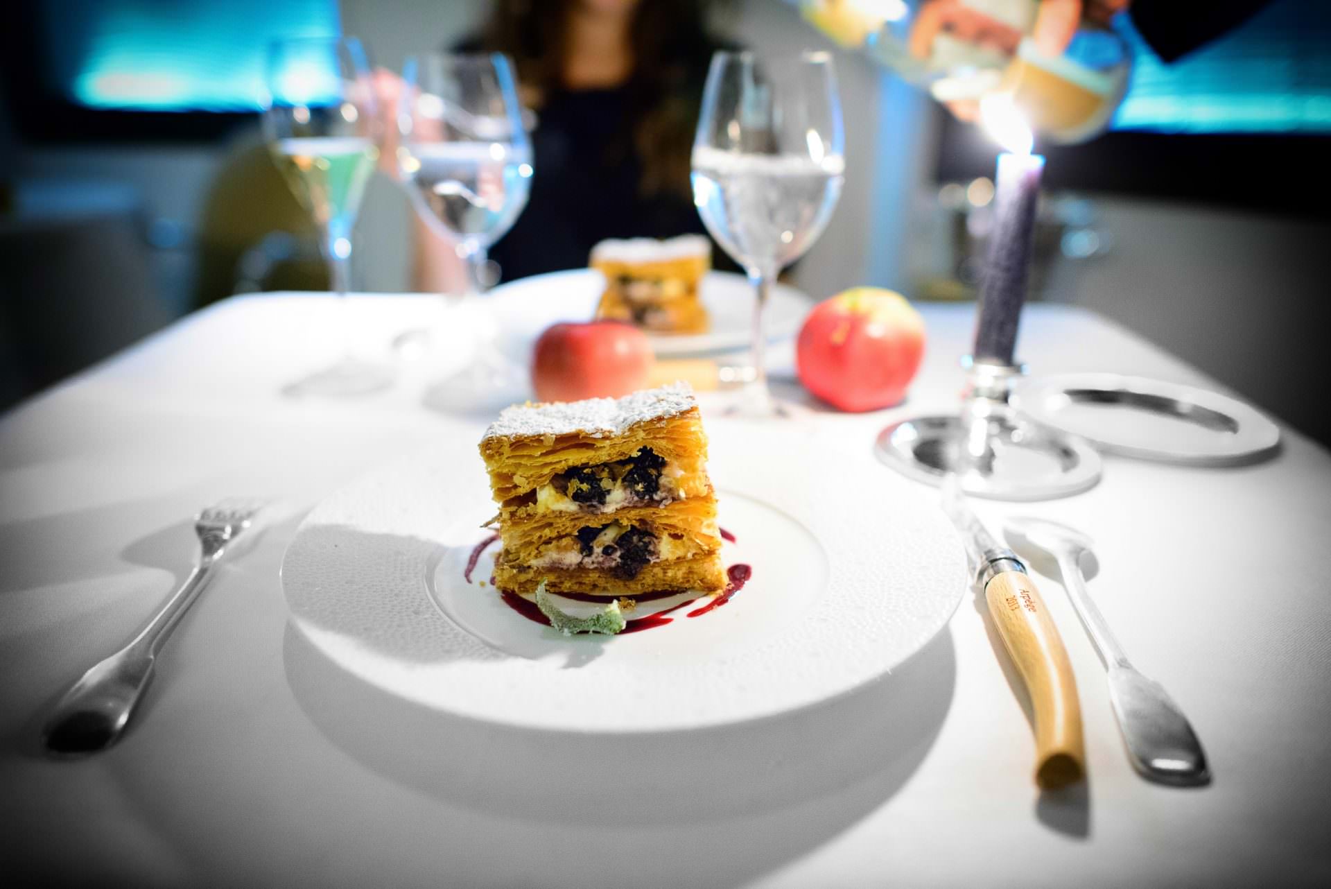 15th Course: Millefeuille "caprice d'enfant," pêche, mirabelle,