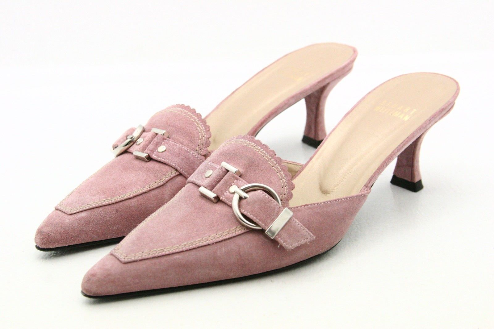 stuart-weitzman-mules-sandals-womens-7-5-pink-mauve-suede-leather-kitten-heels-7b09ccf258862bab878241888a2a229b