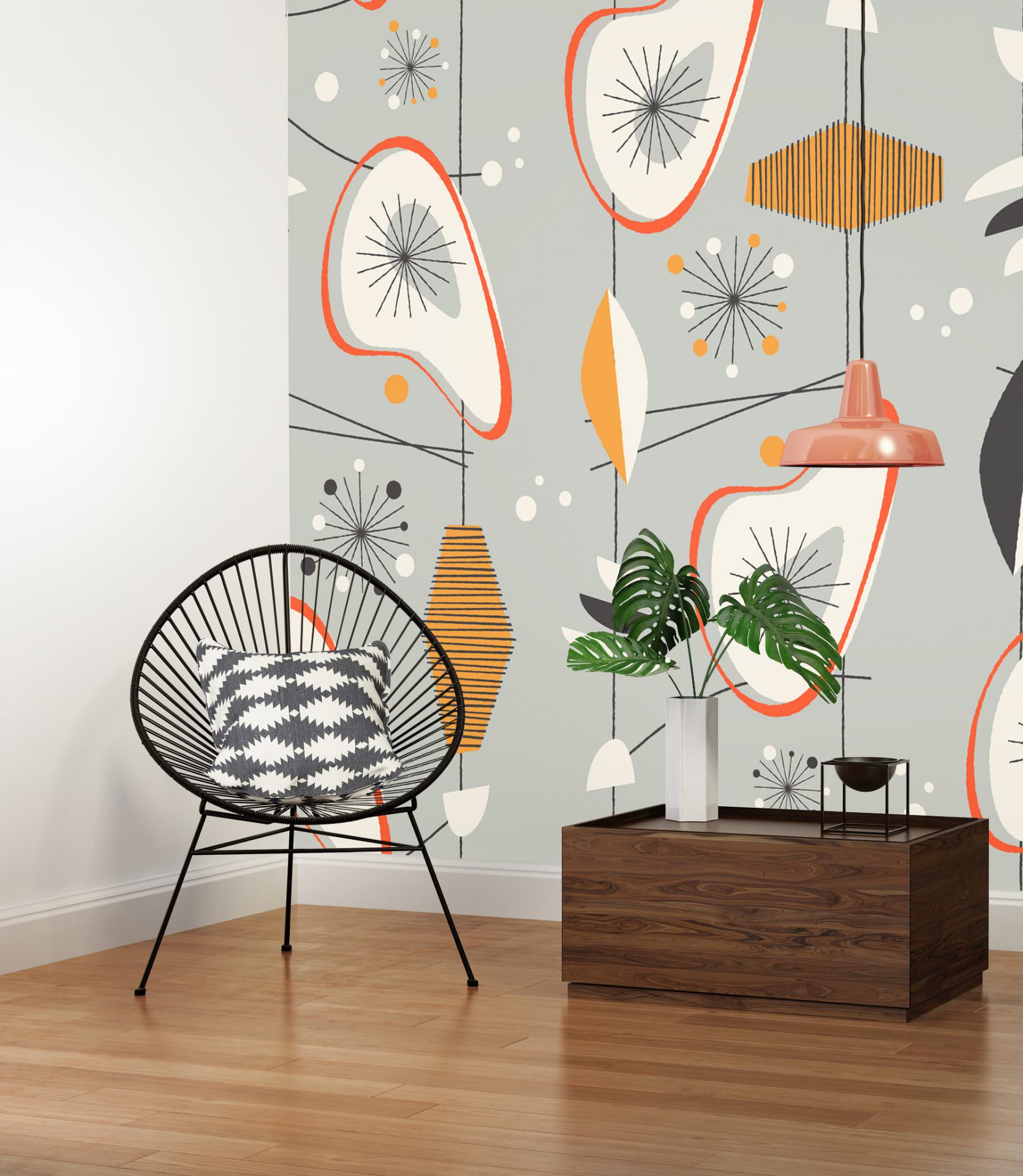 Boho interior with wired chair and low table
