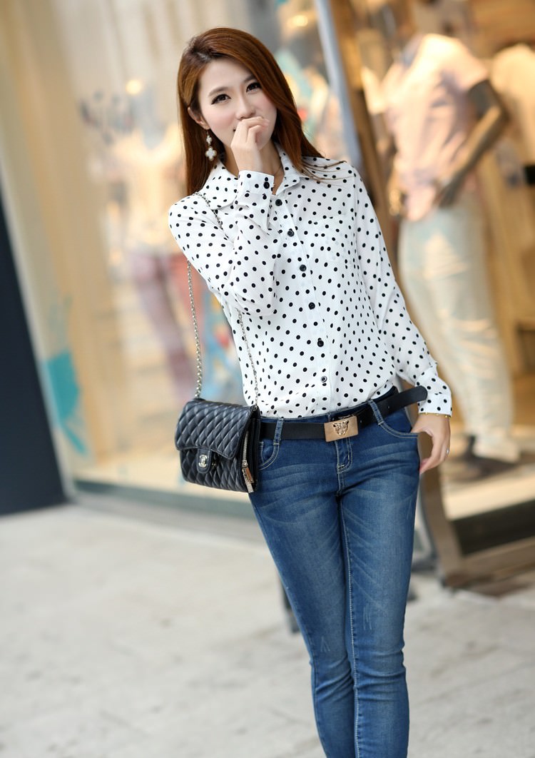 New-fashion-polka-dot-Korean-women-style-white-shirt-long-sleeved-ready-stock-2