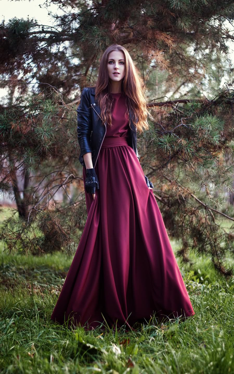 3.-burgundy-maxidress-with-leather-jacket