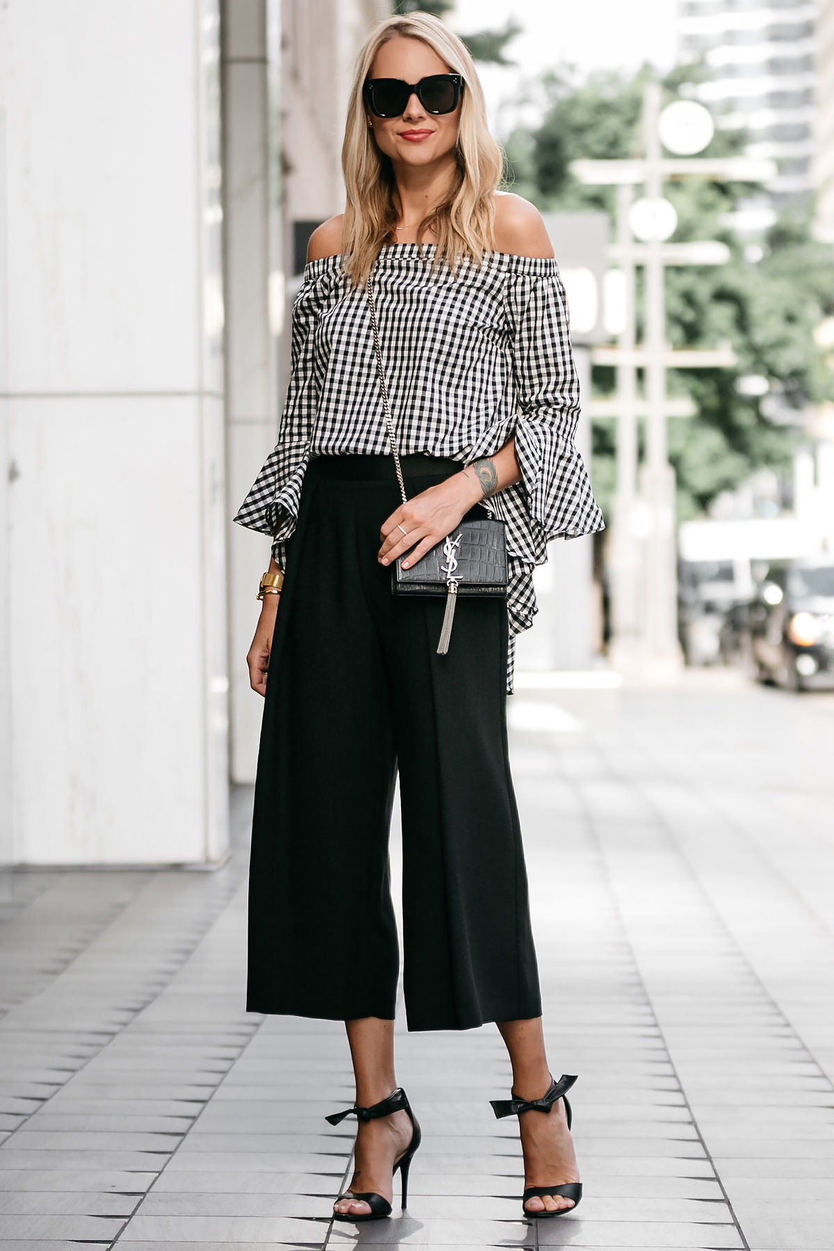 Fashion-Jackson-Nordstrom-Gingham-off-the-shoulder-Top-Topshop-Black-Culottes-Outfit-4